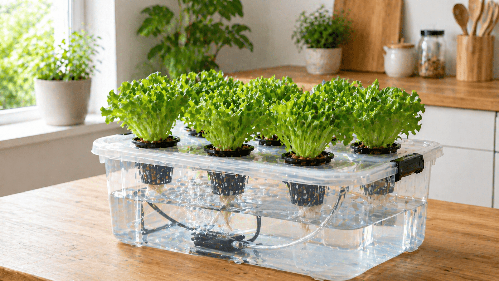 IKEA storage box hydroponic system with lettuce on a UK kitchen table