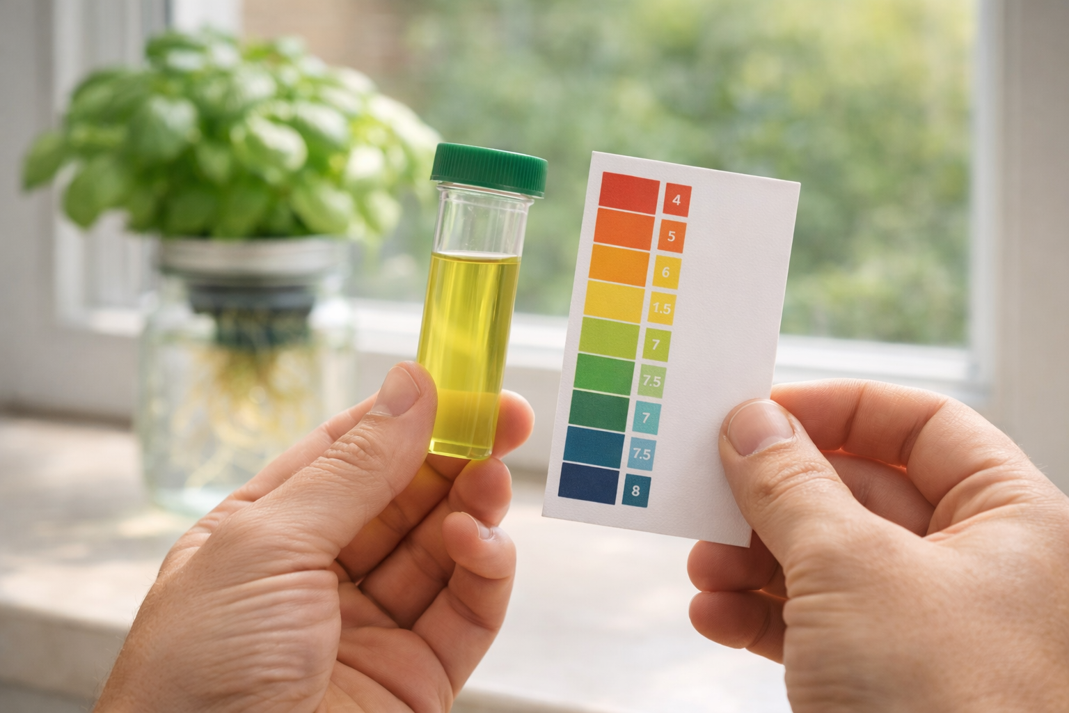 Hands holding a pH test tube next to a colour chart with a hydroponic basil jar in the background