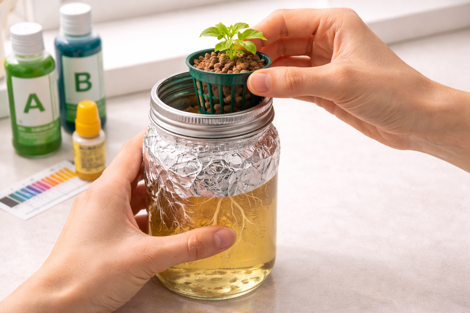 Hands placing a net pot with seedling into a mason jar to complete a Kratky hydroponic setup