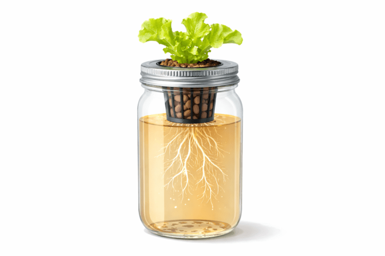 Transparent Kratky jar showing nutrient solution air gap and plant roots demonstrating how the kratky method works