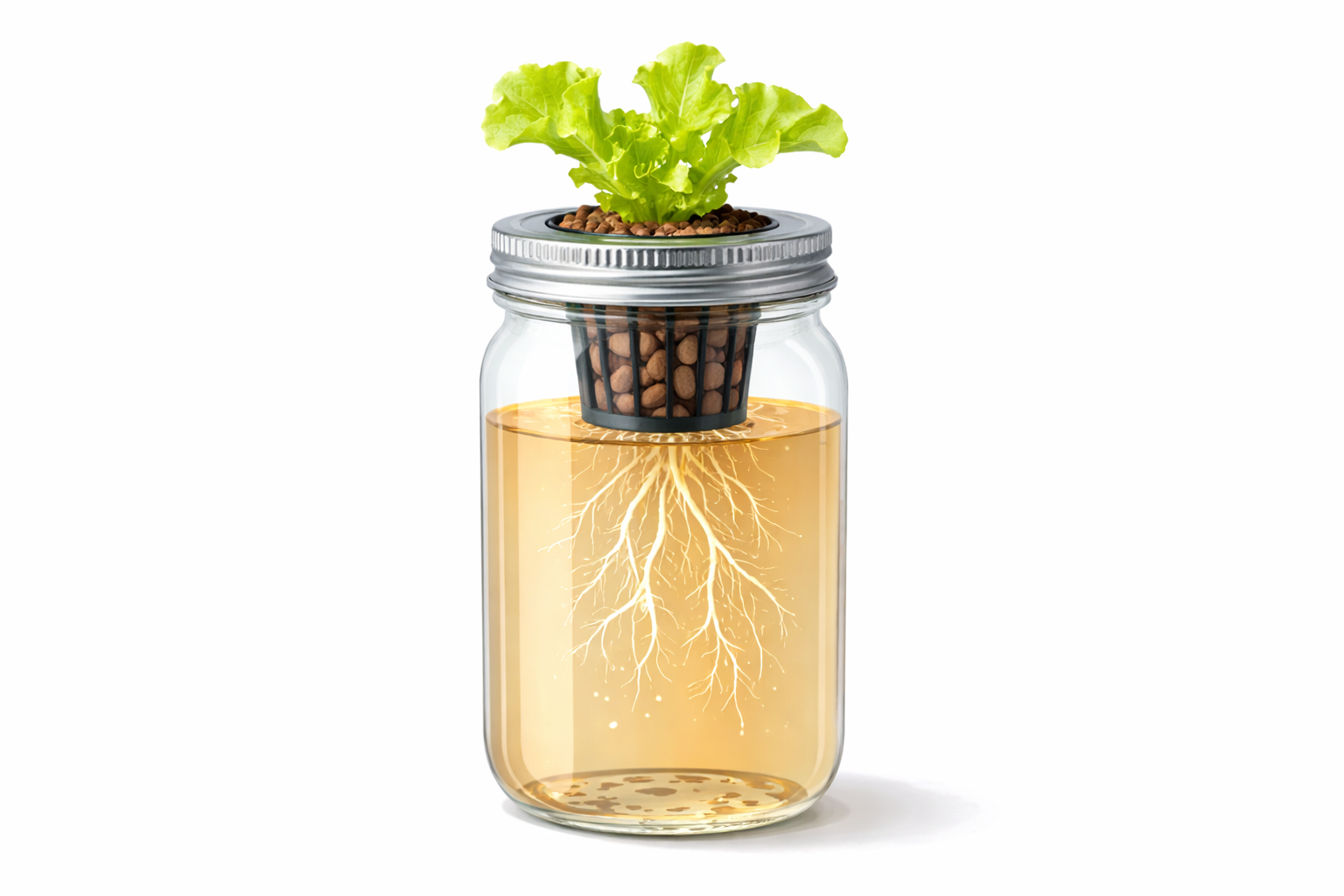 Transparent Kratky jar showing nutrient solution air gap and plant roots demonstrating how the kratky method works