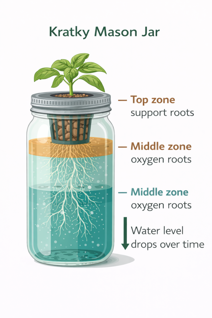 Cross-section diagram of a Kratky mason jar showing three root zones: support roots in pebbles, oxygen roots in air gap, and nutrient roots in solution