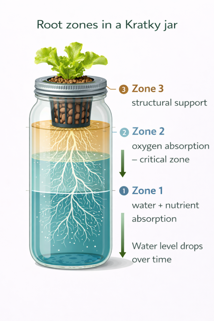 Labelled diagram of three root zones in a Kratky hydroponic system showing submerged roots air gap roots and support roots