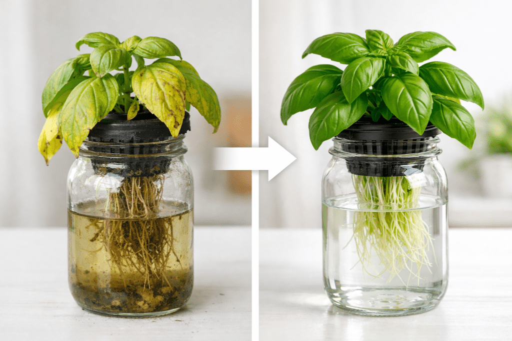 Unhealthy hydroponic plant with yellow leaves on the left compared to healthy green plant on the right showing problem and solution