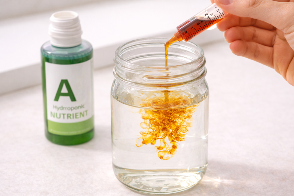 Measuring hydroponic nutrients with a syringe to add to a Kratky mason jar