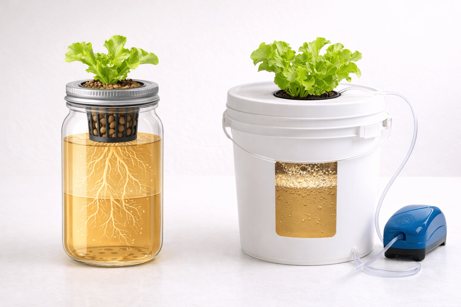 Kratky mason jar setup next to DWC bucket system showing the difference between passive and active hydroponics