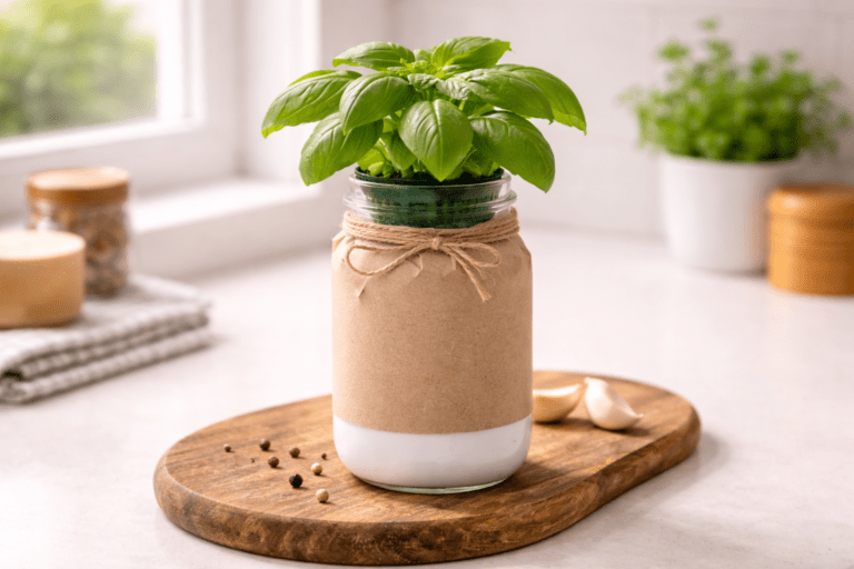 Mason jar Kratky hydroponic system growing lush basil on a kitchen counter