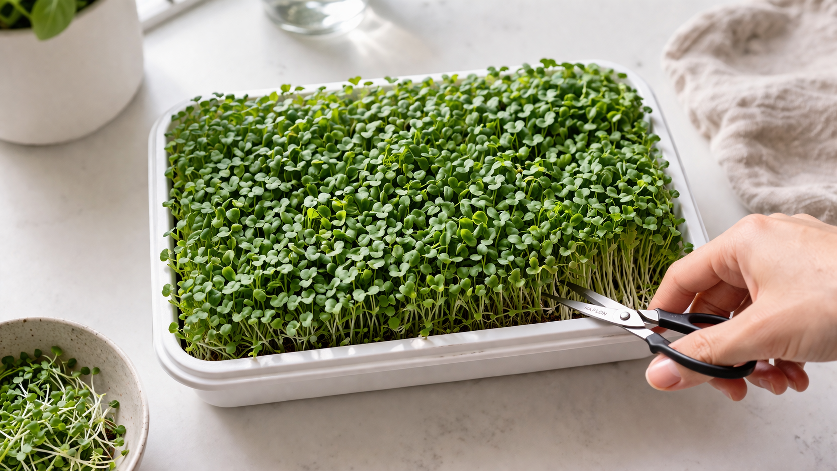 Microgreens hydroponics tray ready for first harvest with scissors and dense green growth