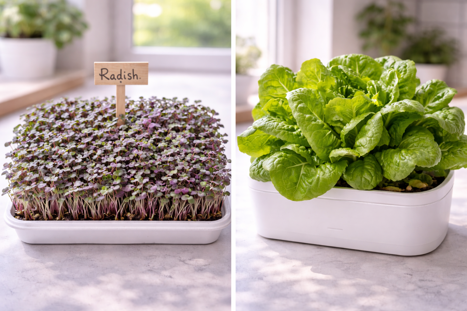 Microgreens vs full size plants comparison showing radish microgreens next to mature hydroponic lettuce