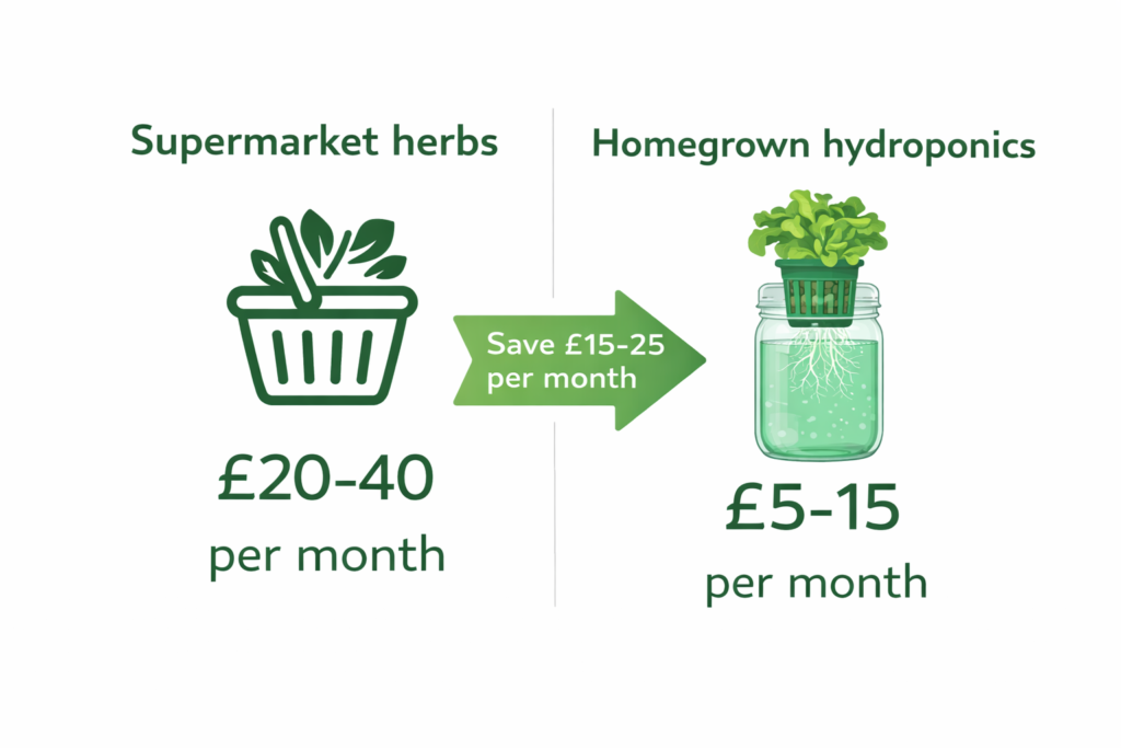Cost comparison infographic showing supermarket herbs at 20 to 40 pounds per month versus homegrown hydroponics at 5 to 15 pounds per month