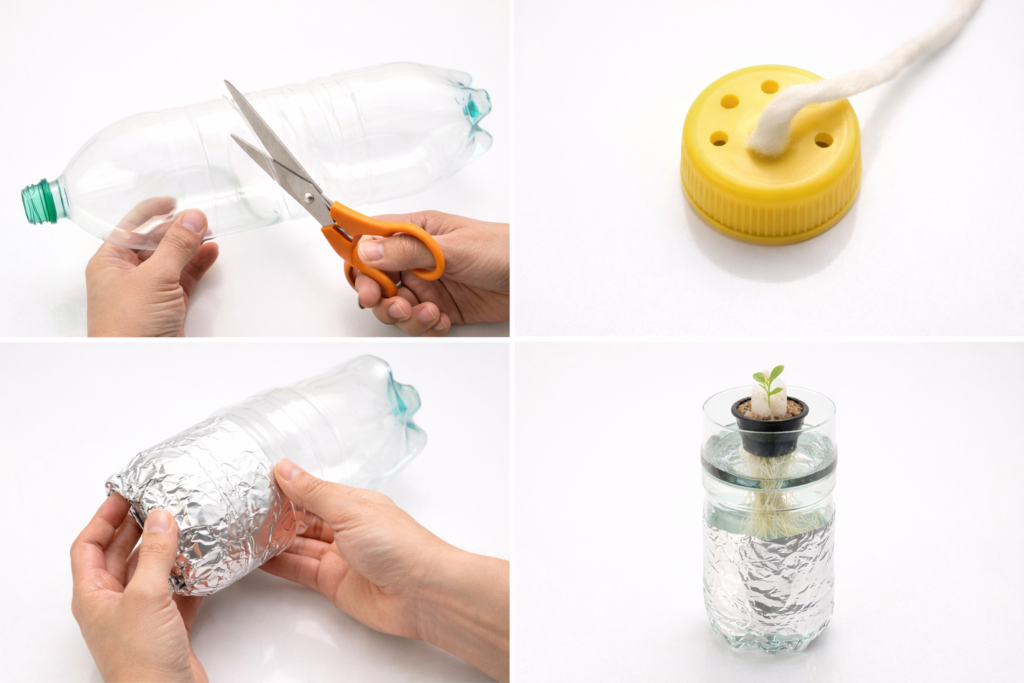 Four step assembly process for building a hydroponic planter from a recycled plastic bottle