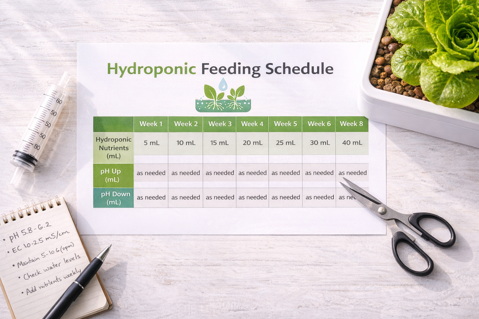 Hydroponic nutrient schedule chart with measuring syringe and lettuce plant on wooden surface