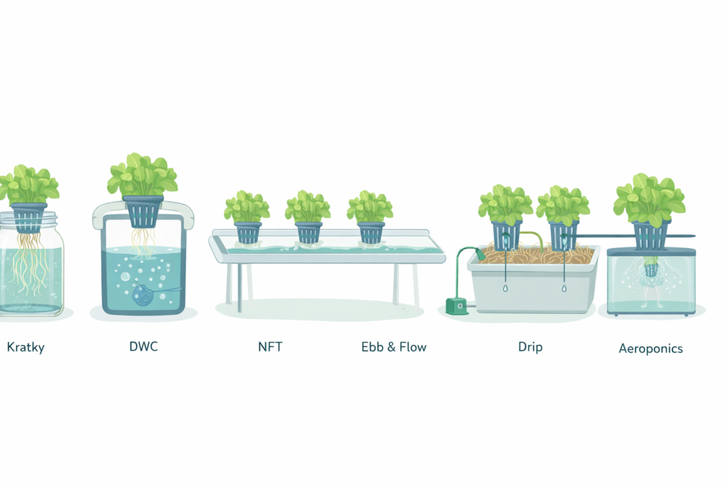 Six types of hydroponic systems illustrated side by side showing Kratky DWC NFT ebb and flow drip and aeroponics