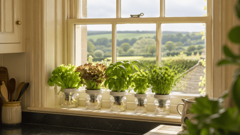 Spring hydroponics UK setup with lettuce and basil on a British kitchen windowsill in April