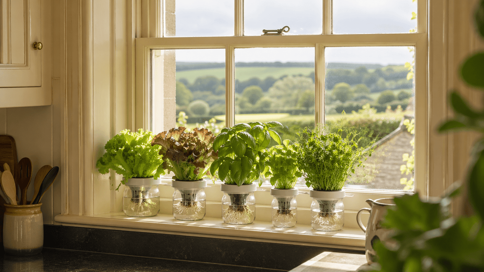 Spring hydroponics UK setup with lettuce and basil on a British kitchen windowsill in April