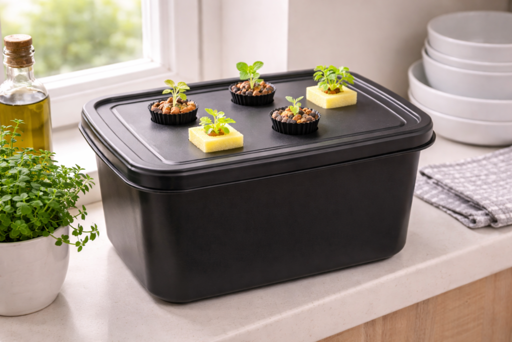 Multi-plant Kratky hydroponic system built from a budget storage tub with five plants growing from the lid