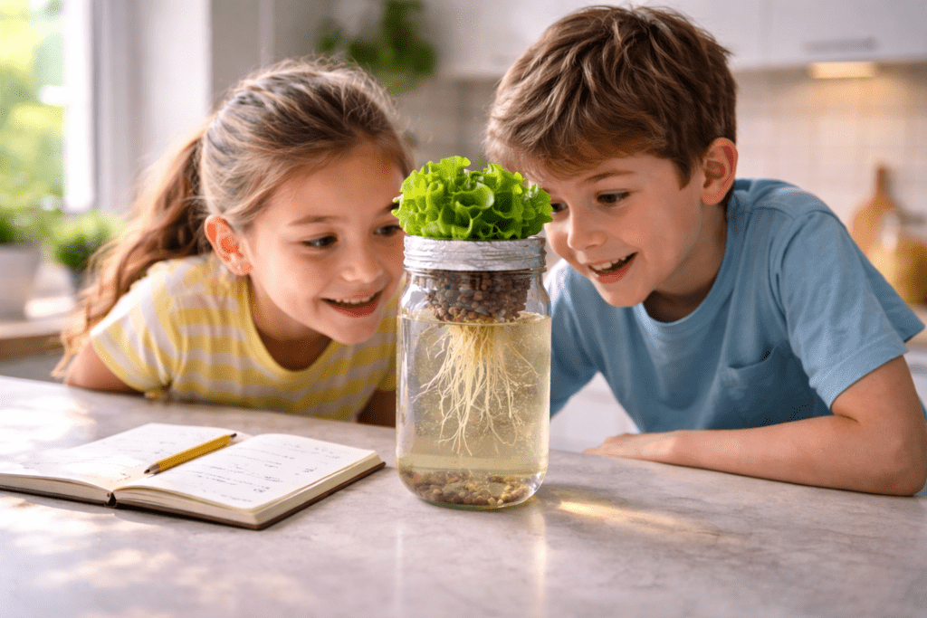 Teaching kids hydroponics with two children examining a mason jar lettuce plant and observation notebook