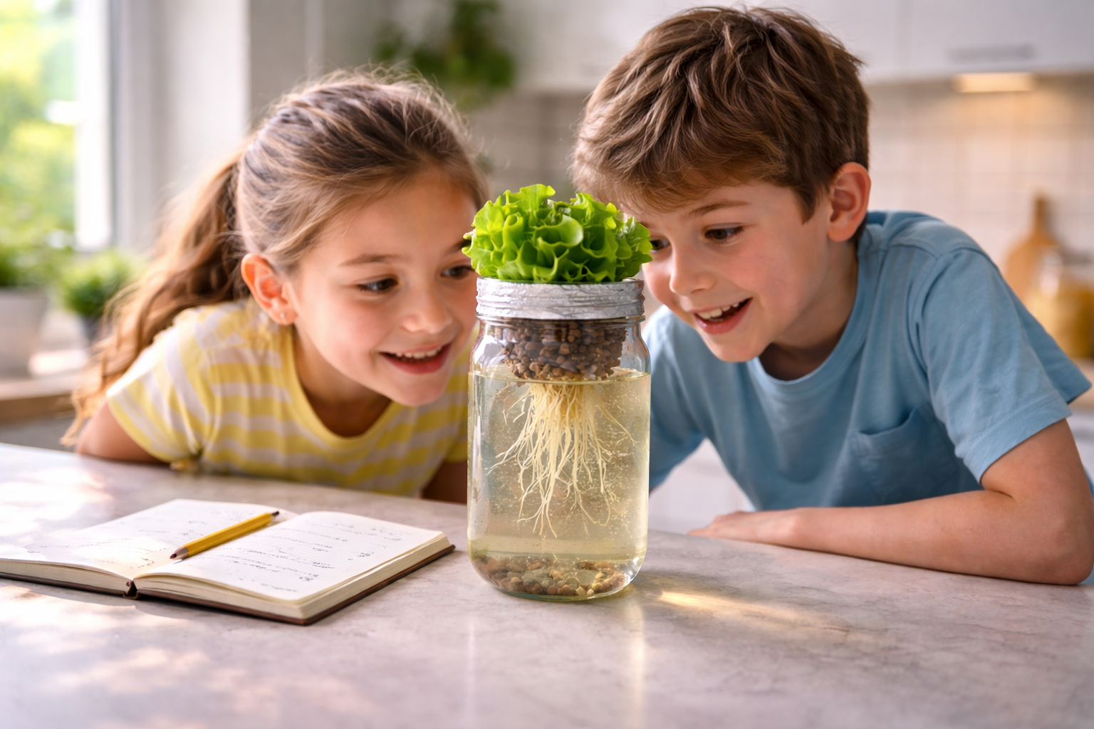Teaching kids hydroponics with two children examining a mason jar lettuce plant and observation notebook