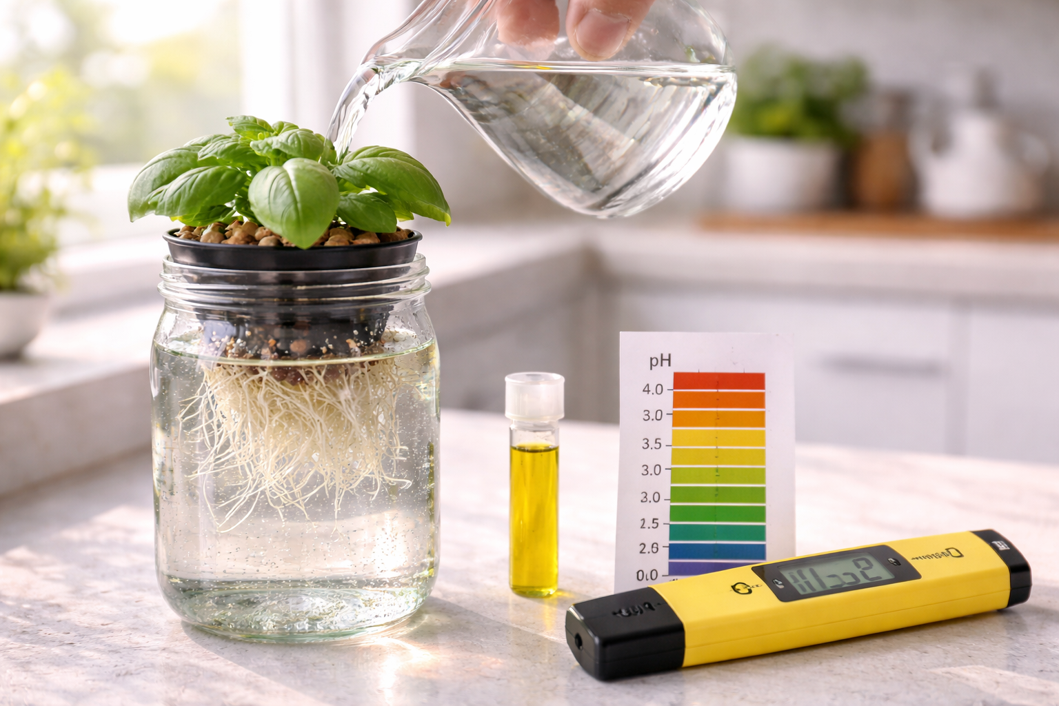Tap water being poured into a hydroponic system jar with pH test kit nearby