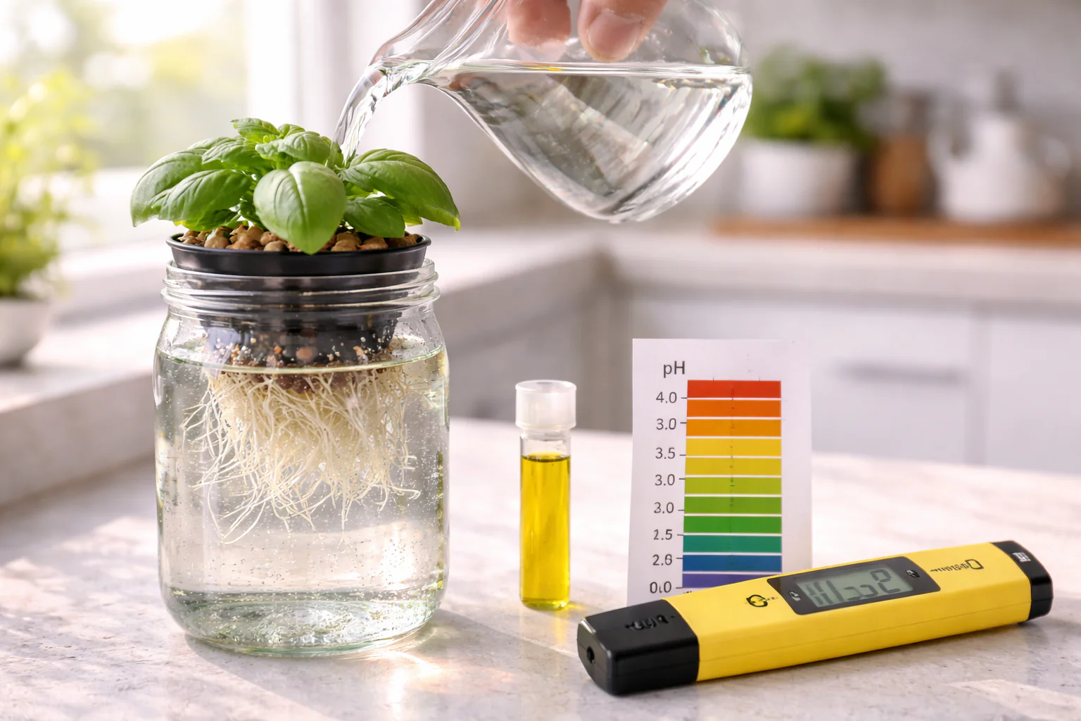 Tap water being poured into a hydroponic system jar with pH test kit nearby