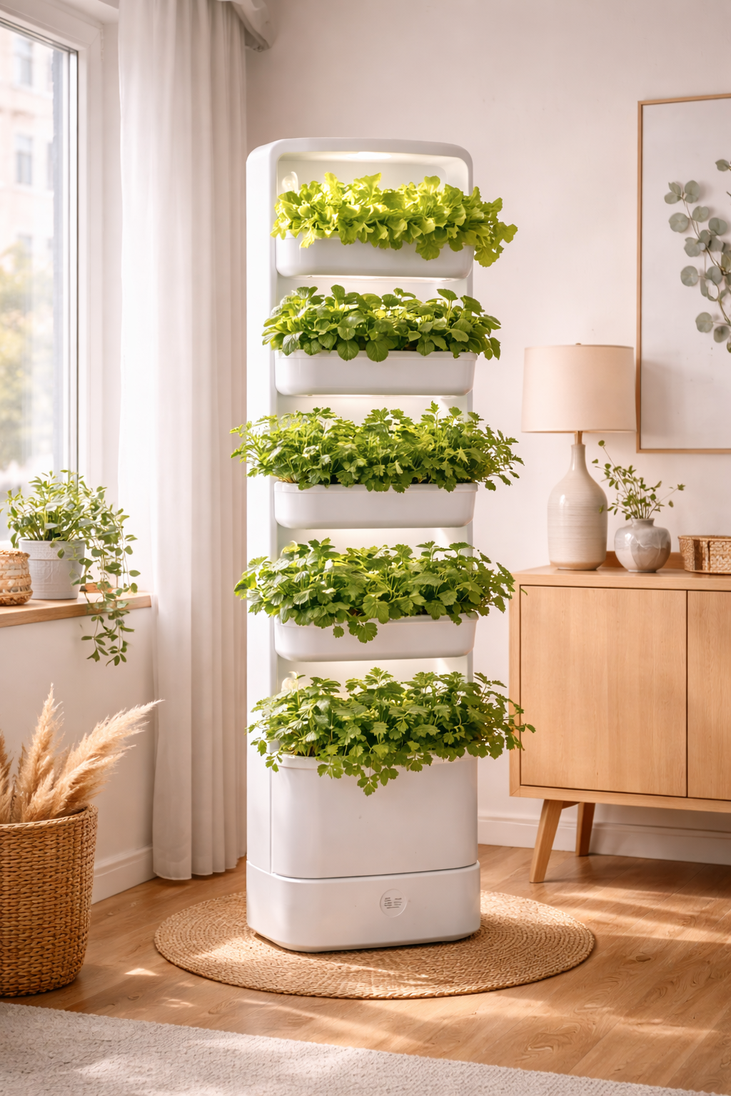 Vertical hydroponic tower growing lettuce and herbs in modern apartment corner