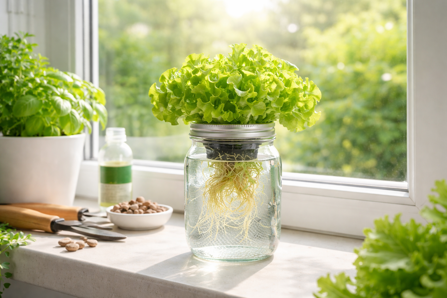Butter lettuce growing in a mason jar hydroponic system on a sunny kitchen windowsill