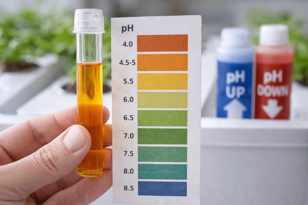 pH test showing low reading around 4.5 in hydroponic nutrient solution with pH adjustment bottles nearby
