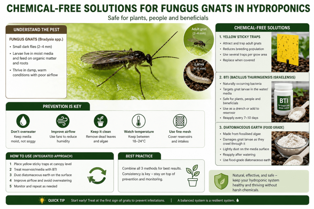 Chemical-free solutions for fungus gnats hydroponics including sticky traps BTI and diatomaceous earth