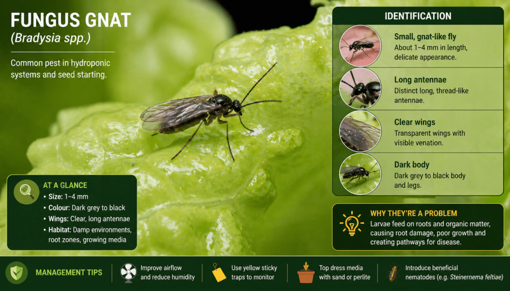 Close-up of a fungus gnat on a hydroponic lettuce leaf showing identification details