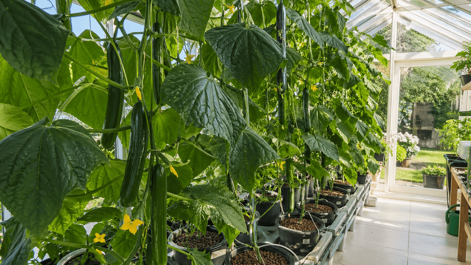 Hydroponic cucumbers UK growing up a trellis in a British conservatory