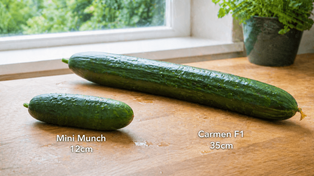 Mini vs full size hydroponic cucumber UK varieties freshly harvested