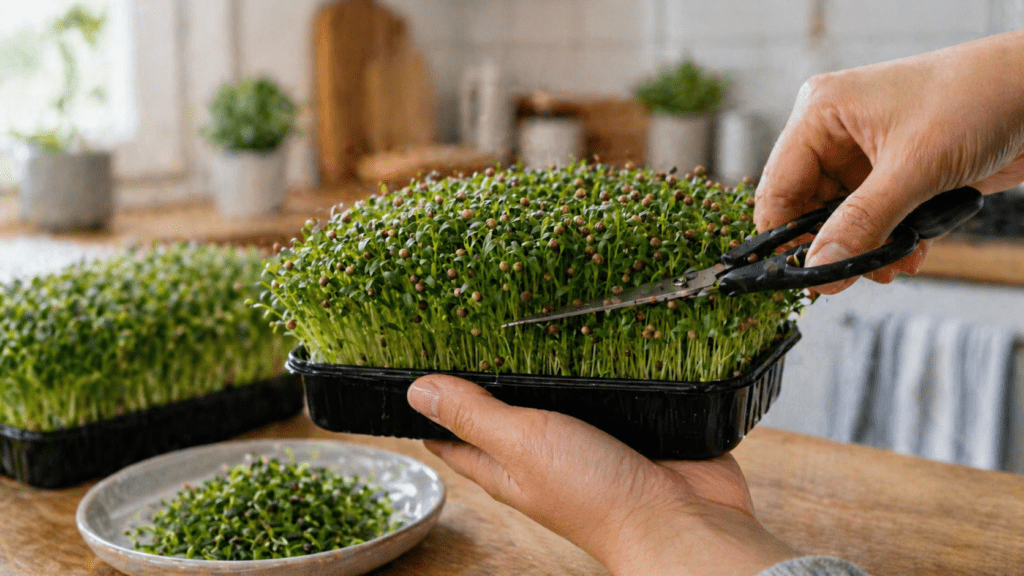 Profitable pea shoot microgreens being harvested for UK farmers market sale
