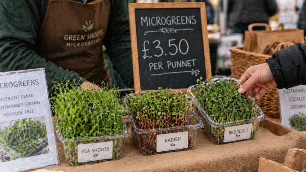 UK farmers market stall selling microgreens punnets at £3.50 each